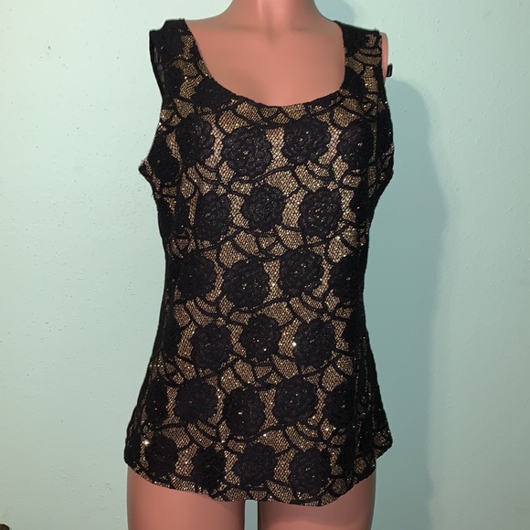 OBJECTS DART WOMENS Black Gold SLEEVELESS Tank Embroidery Flowers Large NewTag - Picture 2 of 8